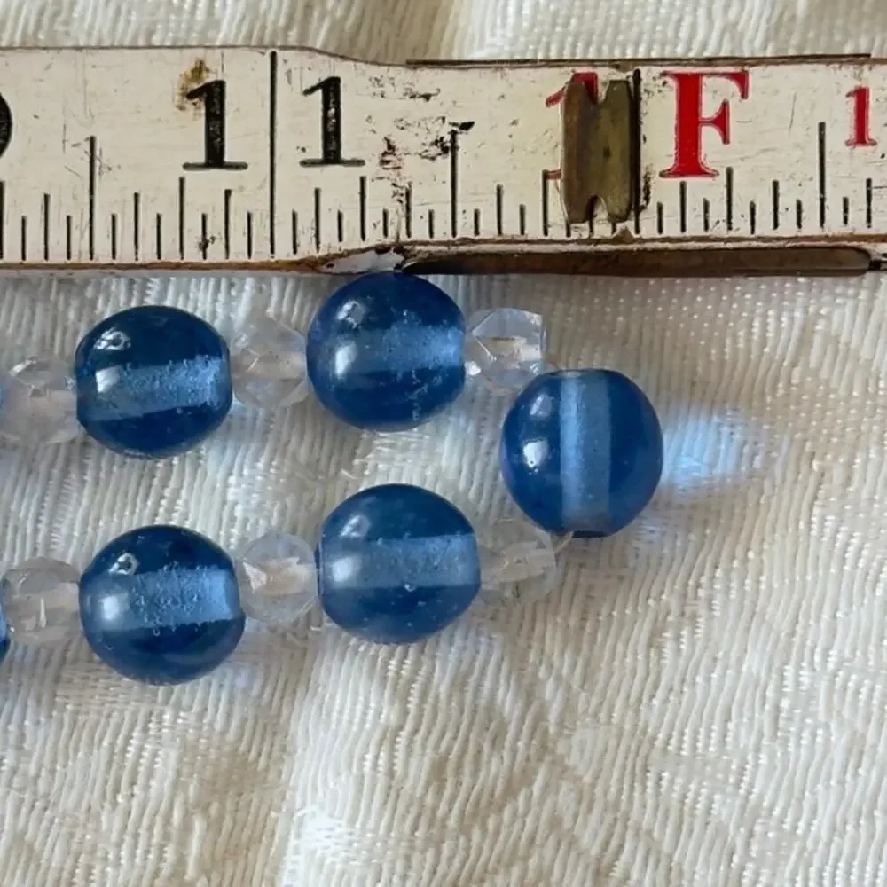 23” Blue & Clear Hand Blown Glass Flapper Necklace 1930s Beaded Vintage 2.7oz